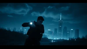 Protagonist navigating an urban landscape in a Clean action thriller scene, highlighting suspenseful atmosphere.