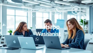 Implementing whatsapp business api in a collaborative work environment showcasing developers at laptops.