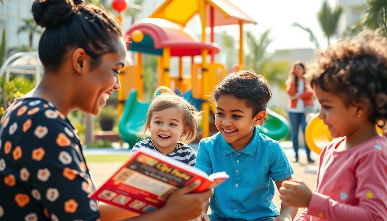 Experienced live-in nanny in Dubai joyfully playing with children in a colorful playground.