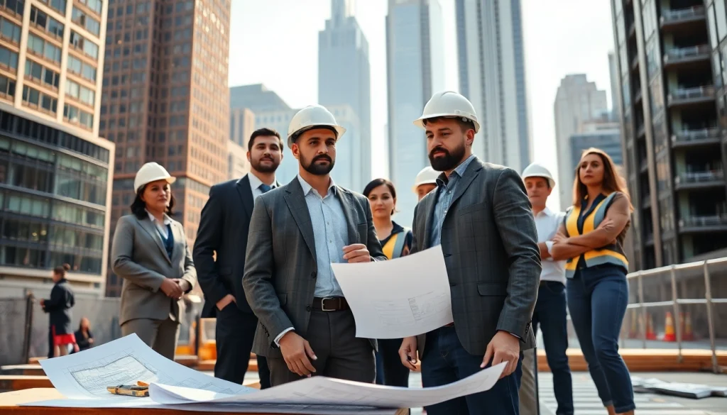 New York Construction Manager overseeing a construction team amidst a bustling urban landscape.