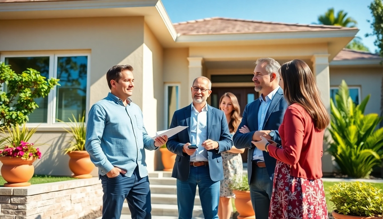 Engaging scene of a real estate agent showcasing a beautiful home amidst a lush garden setting.