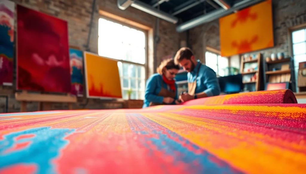 Canvas stoffen van hoge kwaliteit in een levendige werkruimte laten artistiek vakmanschap zien.