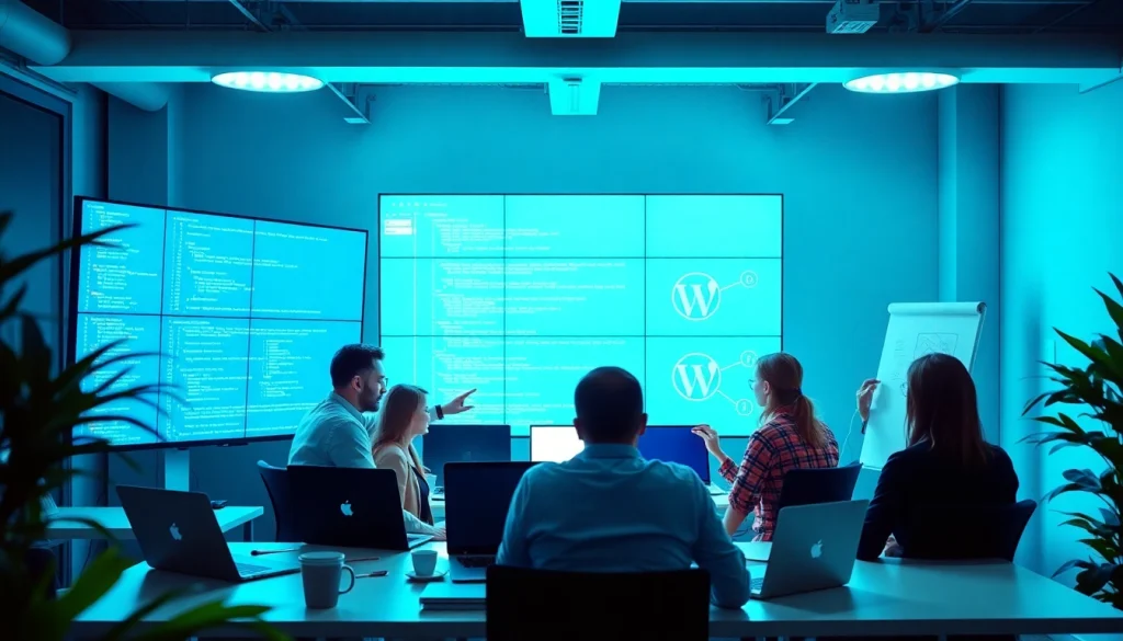 Engaged professionals in wordpress development outsourcing project, showcasing modern collaboration.