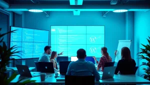 Engaged professionals in wordpress development outsourcing project, showcasing modern collaboration.