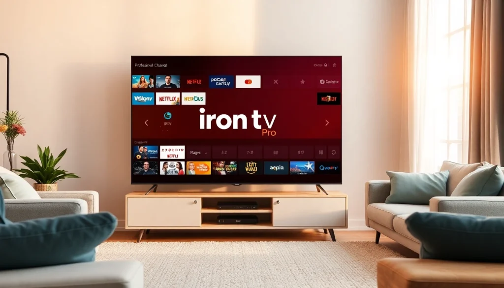 Explore vibrant IPTV options with the iron tv pro logo on a modern screen.