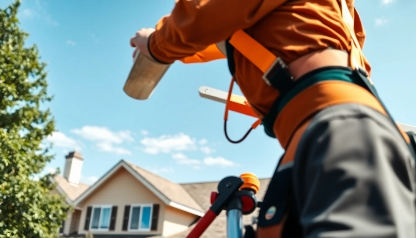 Roofer examining high-quality roofing solutions on a residential house in a sunny environment.