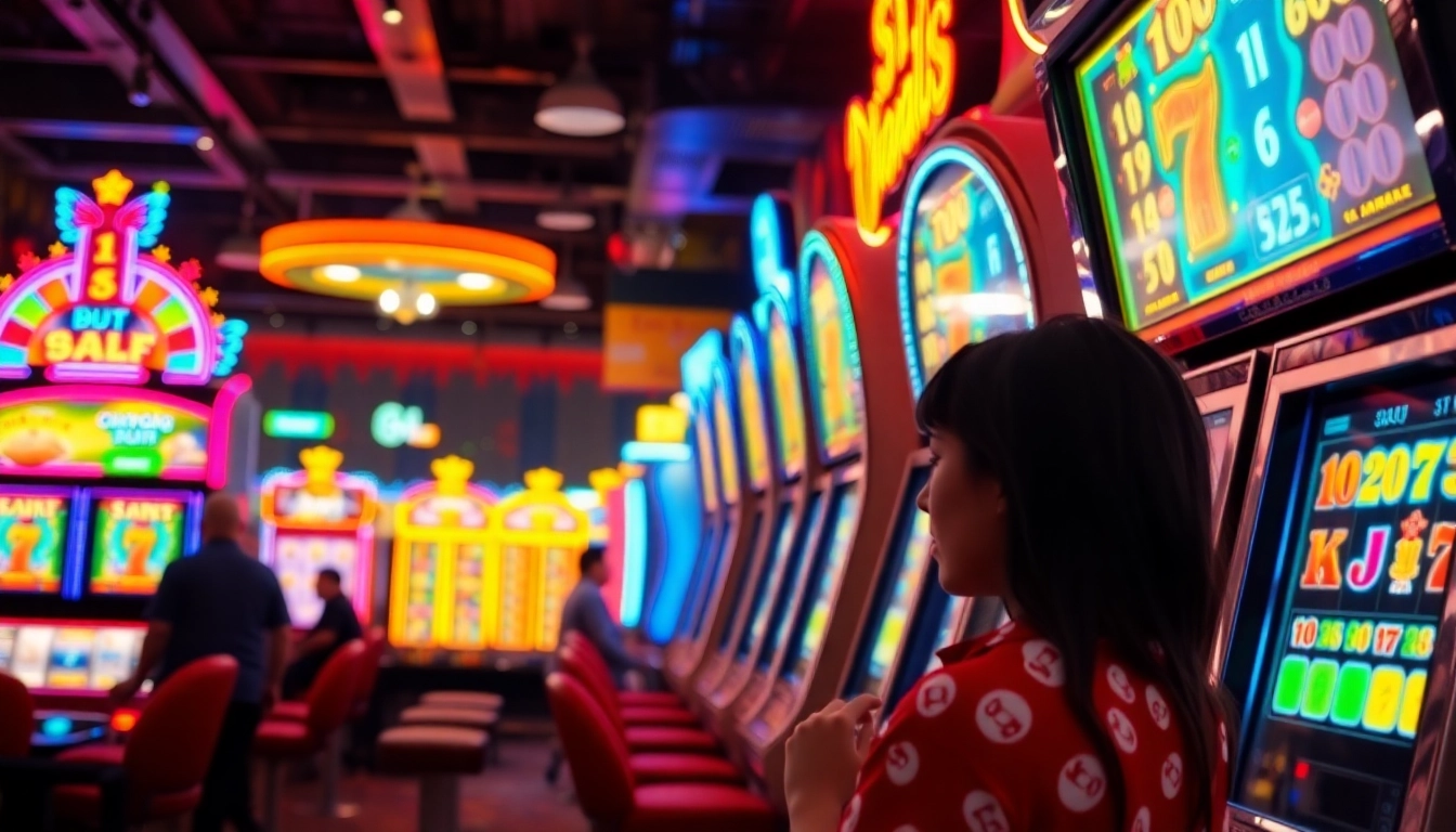 Menggambarkan permainan bandar togel resmi slot dengan mesin slot berwarna-warni di lingkungan kasino yang mengundang.
