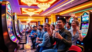Main players enjoying bandar toto 4d slot games with vibrant atmosphere in the casino.