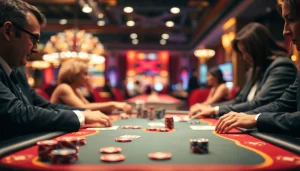 Gambarkan togel resmi dengan suasana kasino penuh perhatian pemain di meja poker.