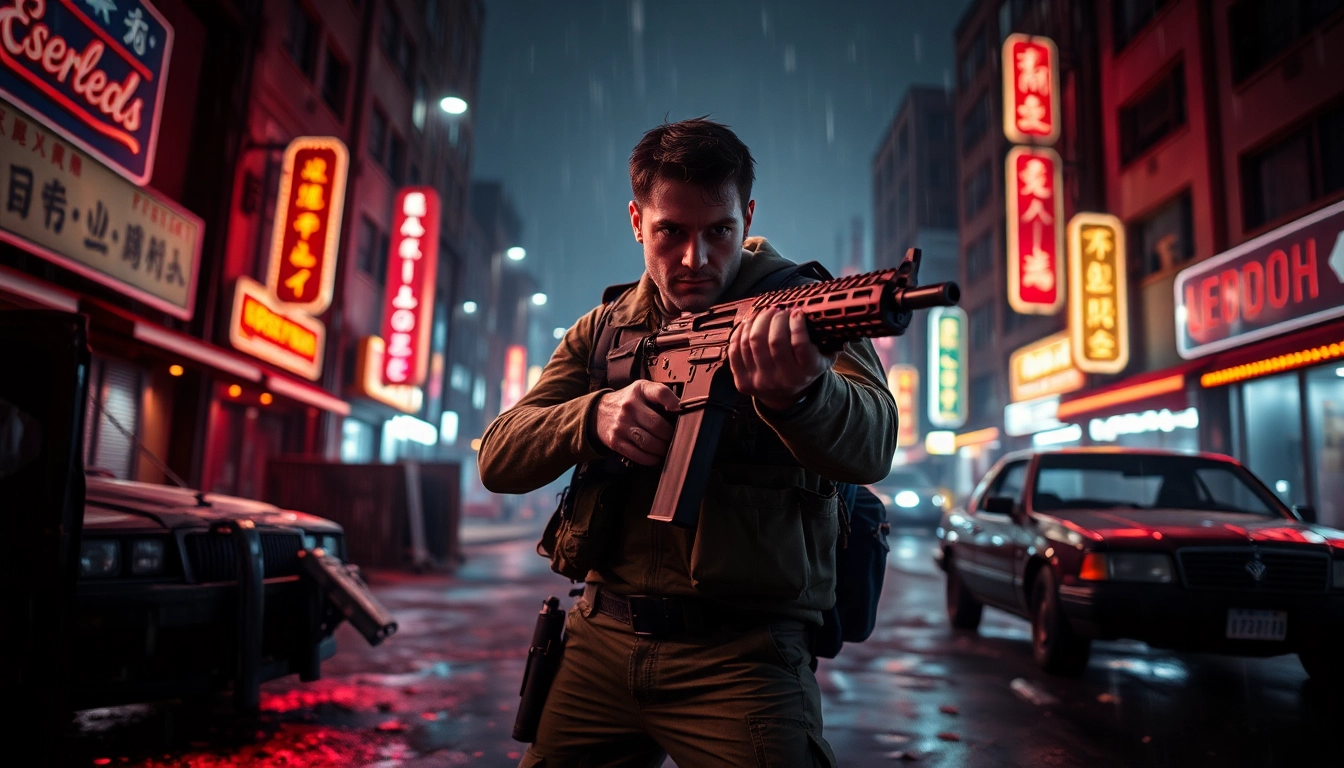 Hero engaging in action-packed scene from a Clean action thriller amidst a dark, urban backdrop.