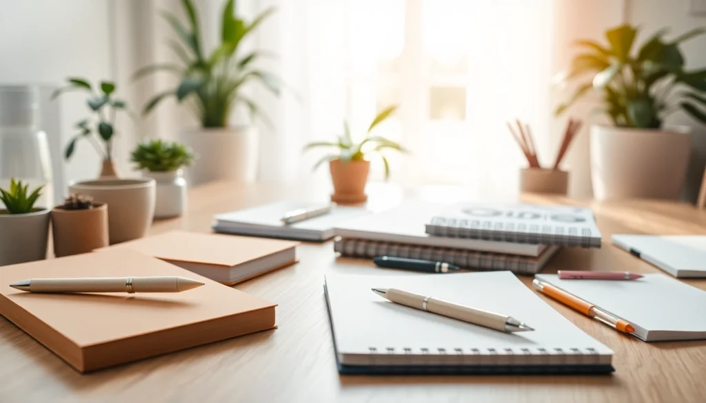 Showcase elegant stationery uk items beautifully arranged on a minimalist wooden desk.