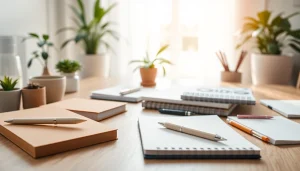 Showcase elegant stationery uk items beautifully arranged on a minimalist wooden desk.
