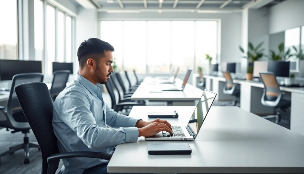 Enhance productivity at a busy typing center with modern workspaces and bright lighting.