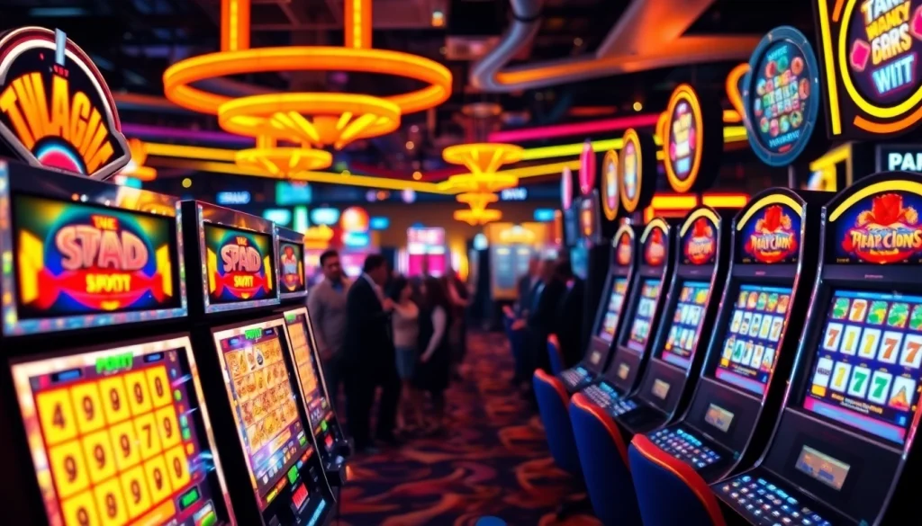 Permainan situs slot gacor yang seru dengan mesin slot warna-warni dan pemain yang antusias.