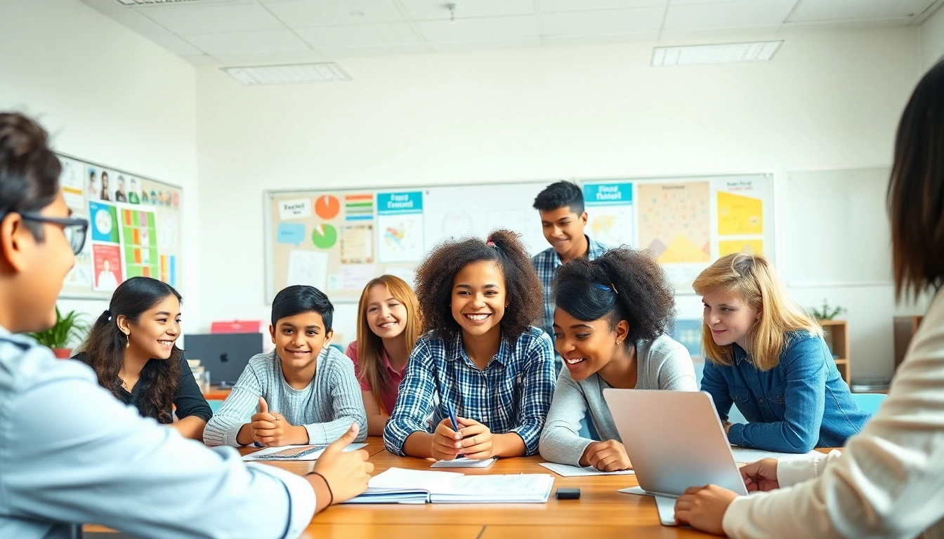 Students collaborating in interactive Education activities in a modern classroom setting.