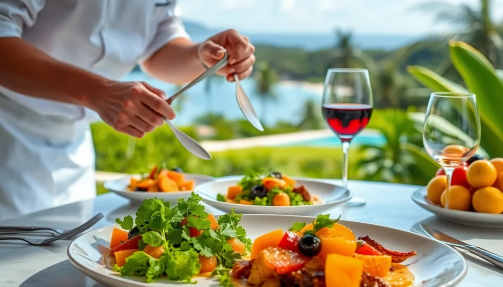 Experience a Private chef St Martin serving an exquisite gourmet meal in a luxurious villa setting.