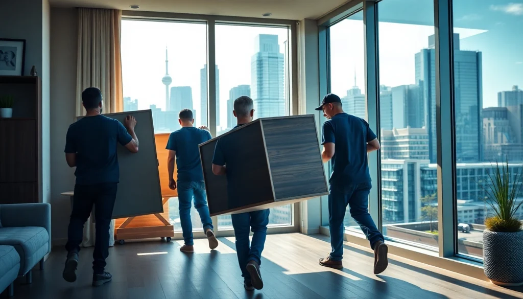 Movers working as a Toronto moving company in an apartment, demonstrating teamwork and efficiency.