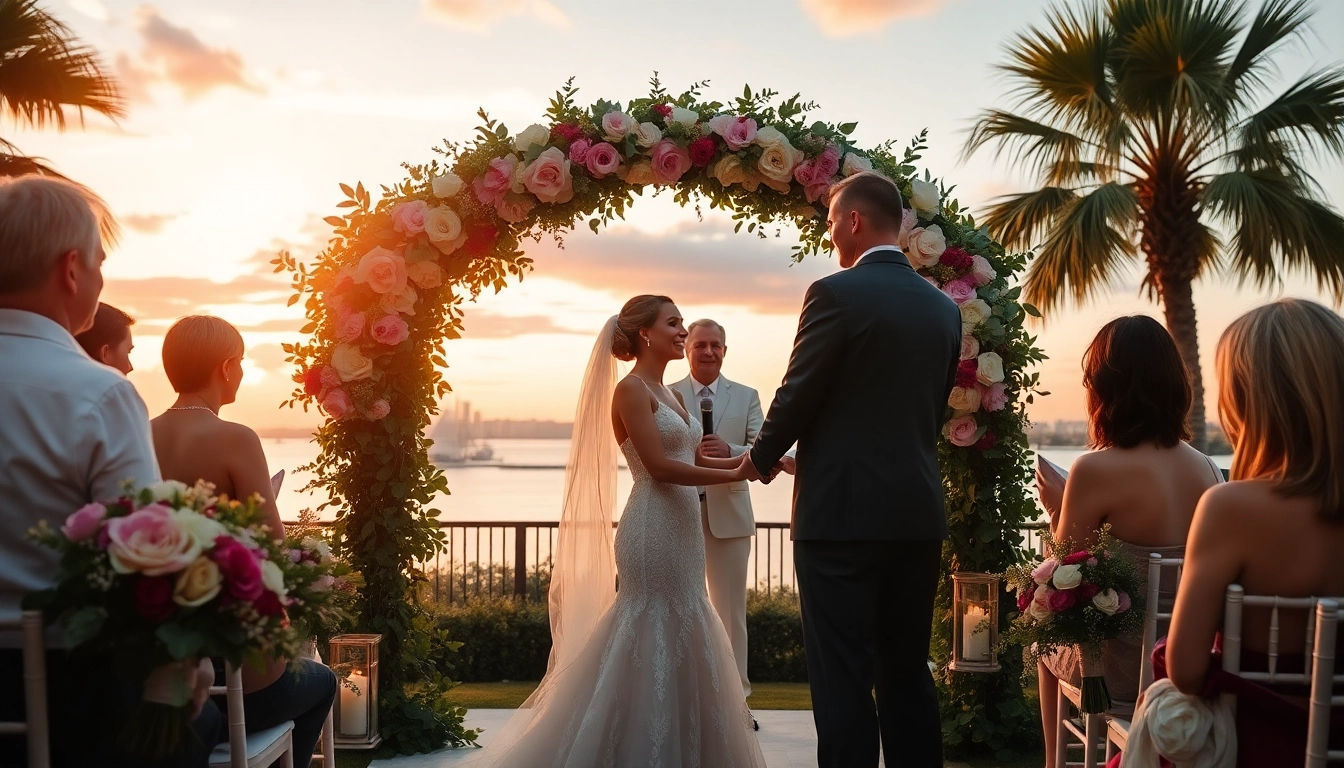 Tampa wedding photographer captures an enchanting sunset ceremony with a couple exchanging vows surrounded by nature.