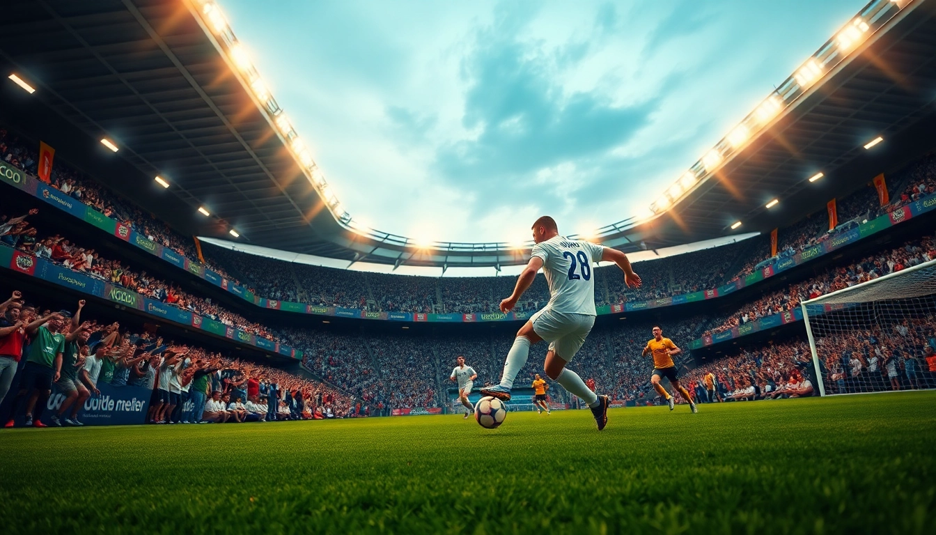 يستعرض كورة لايف لحظة مثيرة من مباراة كرة القدم مع لاعبين متنافسين وجمهور يحتفل.