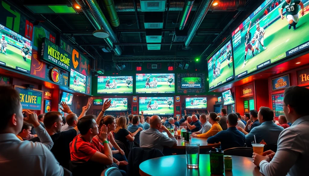 스포츠중계 시청을 즐기는 사람들의 활기찬 모습이 담긴 스포츠 바 이미지
