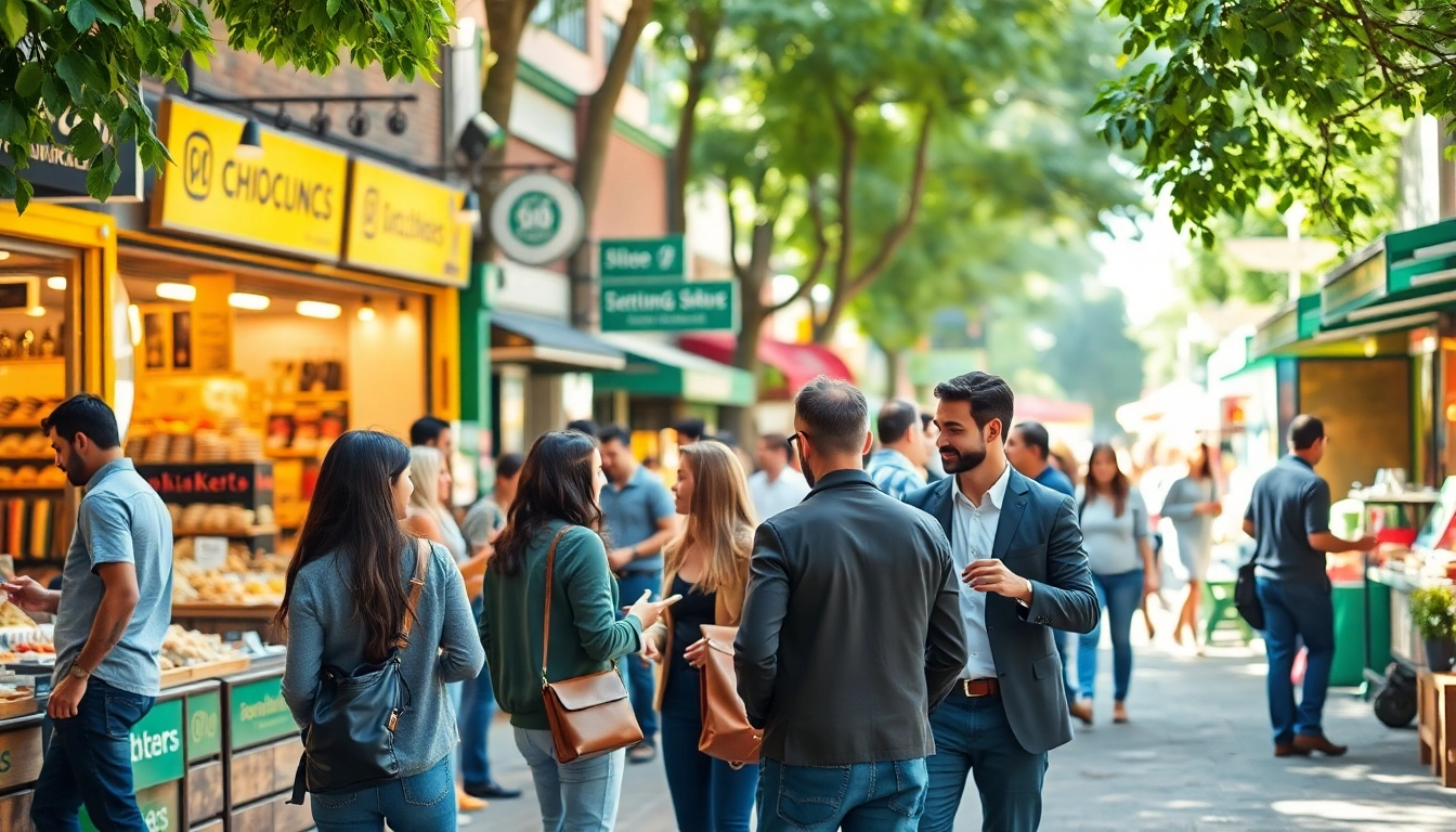 Illustration of professionals involved in small business jobs at a vibrant outdoor marketplace.