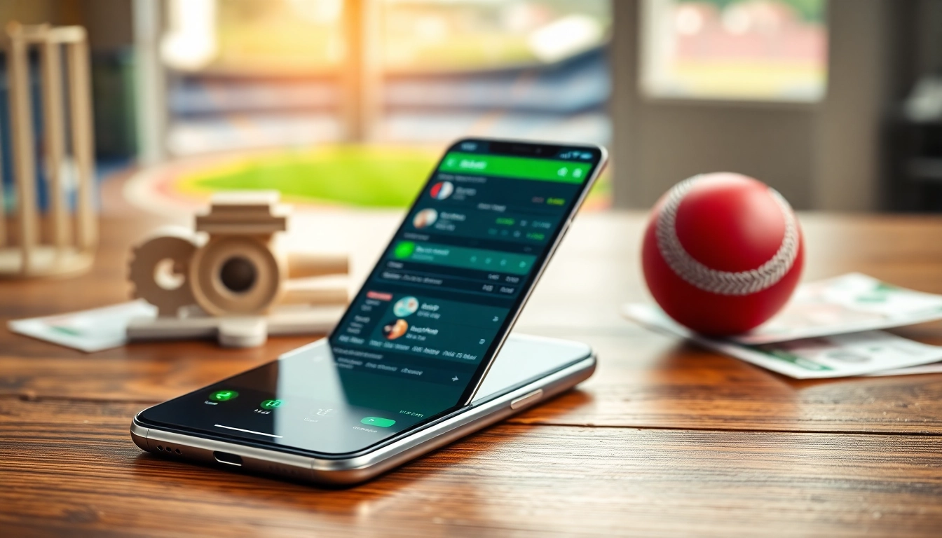 Explore the best sports betting apps India showcased on a smartphone amidst a cricket-themed setting.
