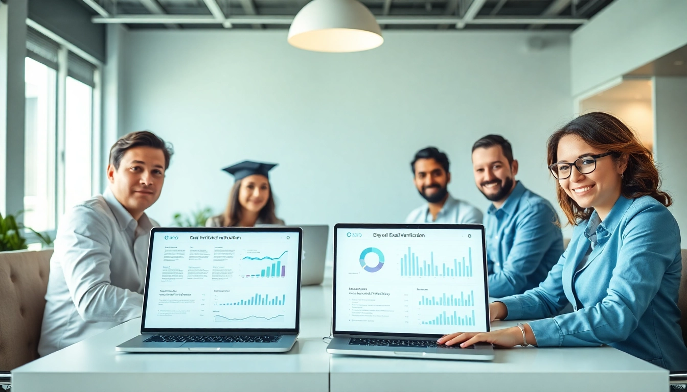 Email verification software in a collaborative office environment, showcasing professionals analyzing data for accuracy and efficiency.