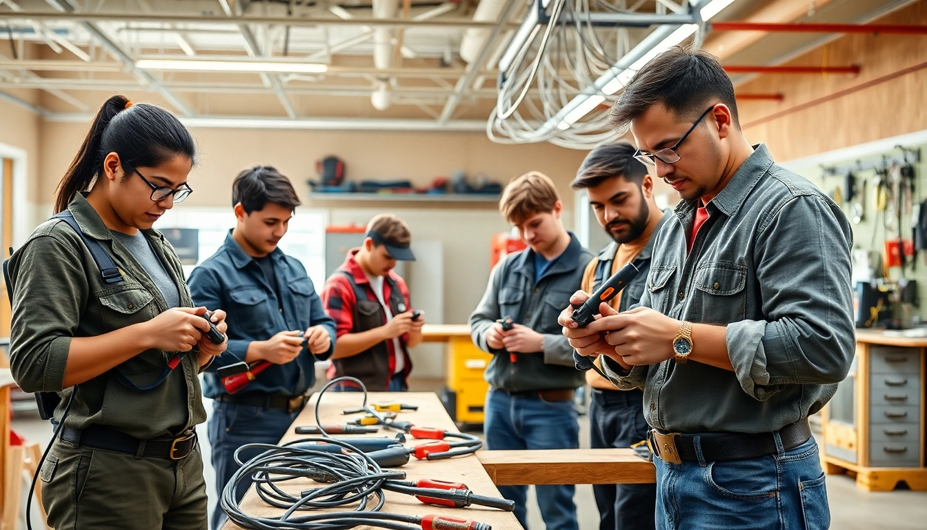 Electrician trade school Colorado students learn practical skills in a workshop environment.
