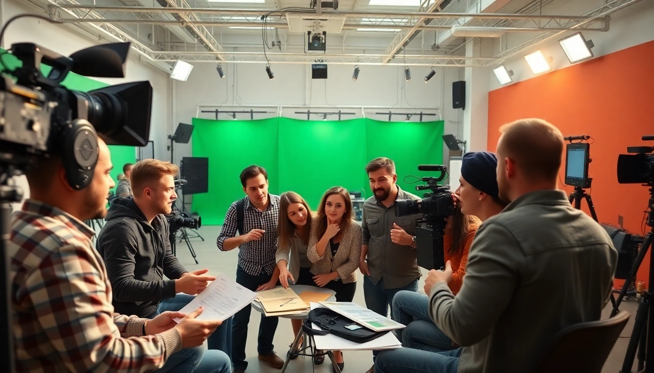 Team brainstorming in a video production studio showcasing a Creative Video Production Agency.