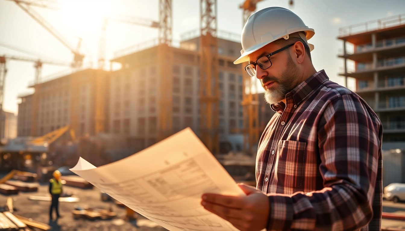 New Jersey Construction Manager analyzing blueprints at a bustling construction site with cranes.