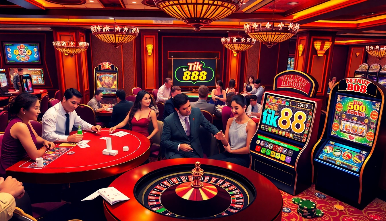 Trải nghiệm sự hứng khởi của tik 88 cùng người chơi tại các bàn casino sang trọng, thưởng thức máy đánh bạc và roulette.