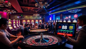 A vibrant casino scene showcasing professional dealers and players engaged in thrilling games at https://rr88.wales/, featuring a roulette table and colorful poker chips.