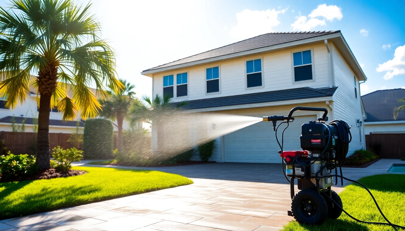 Expert pressure wash service revitalizing a Florida home exterior, ensuring pristine cleanliness.