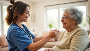 Engaging scene of austin senior home care with caregivers assisting elderly individuals warmly and compassionately.