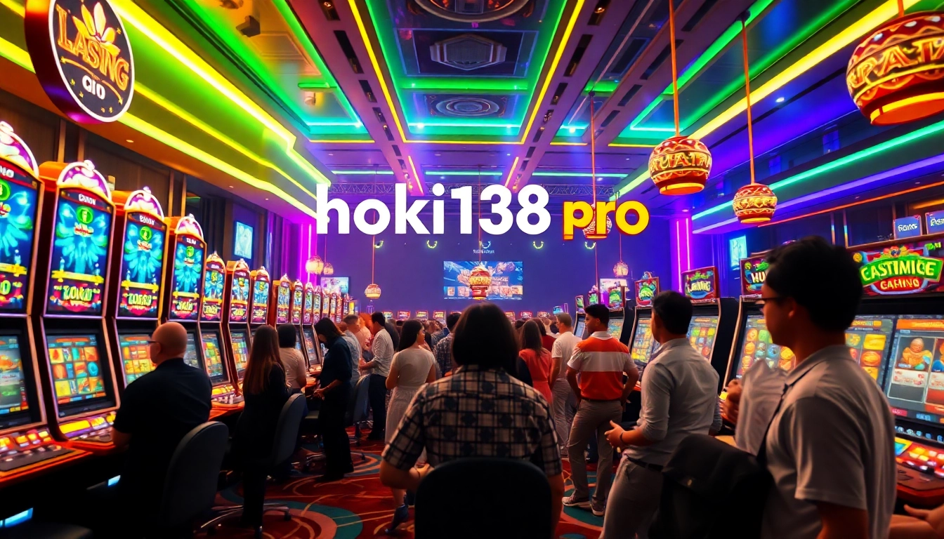 Exciting online gambling scene featuring hoki138 pro with diverse players at slot machines.