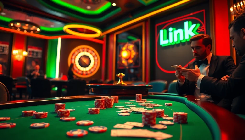 Engage in high-stakes fun with Link S8 at a vibrant casino table featuring poker chips and a roulette wheel.