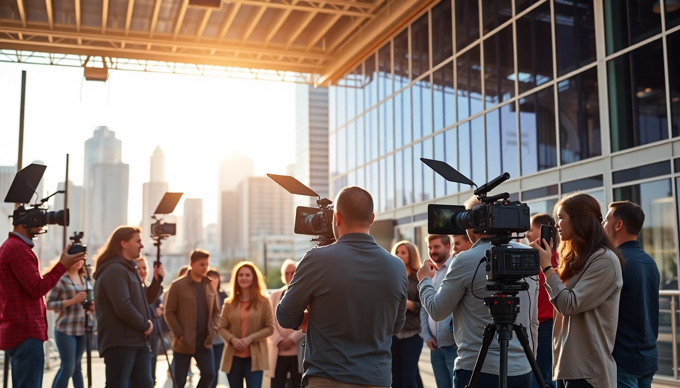 Showcasing a professional video production company Calgary in an urban environment, capturing creativity and teamwork.