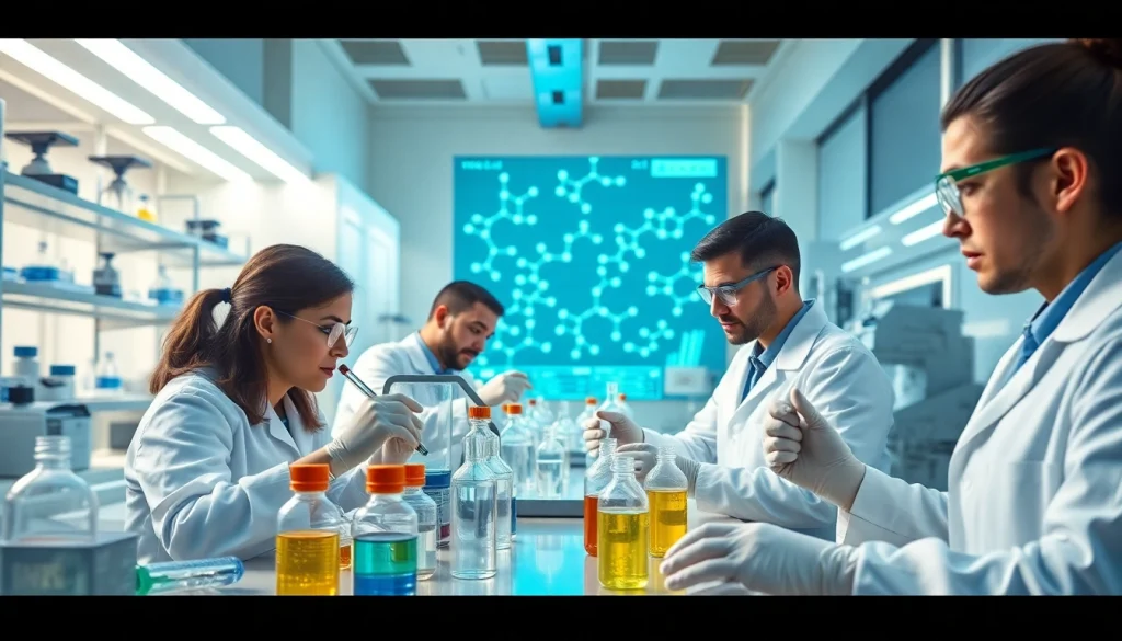WIN55 research in a modern lab with scientists analyzing cannabinoid compounds.