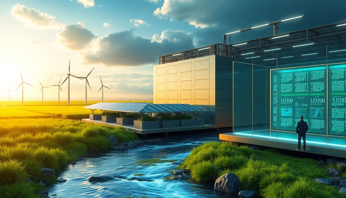 Engaging visual of a renewable energy-powered cloud mining facility, highlighting free crypto mining capabilities through AI technology.