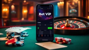 Trải nghiệm sự hứng khởi của ứng dụng Bet Vip với cảnh cá cược trực tuyến sang trọng, nổi bật các yếu tố casino.