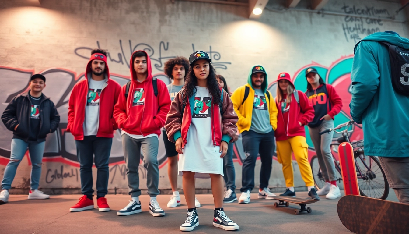 Street fashion collection showcasing diverse styles in an urban setting with vibrant graffiti.