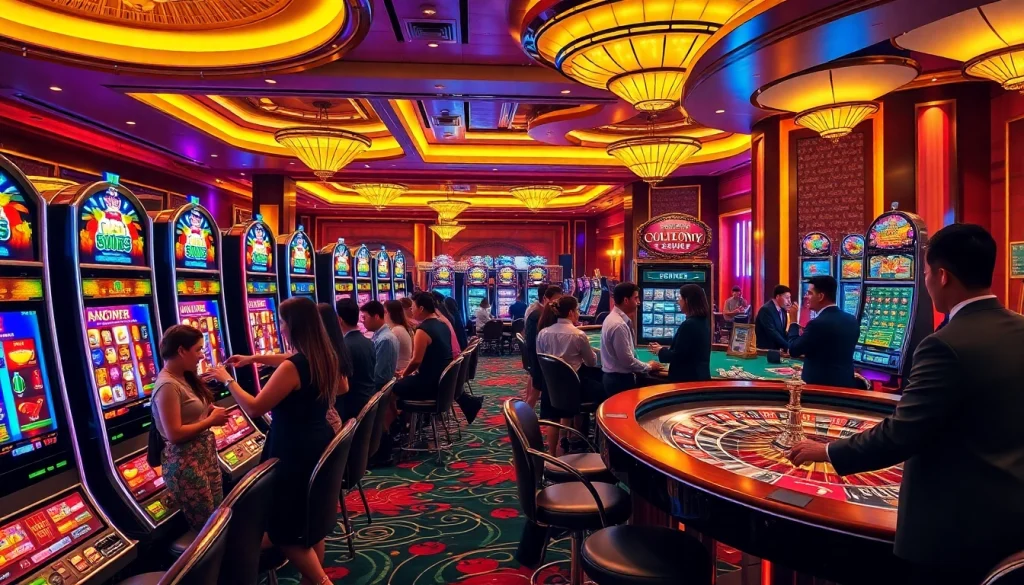 Situs Slot Terpercaya showcasing a lively casino floor with diverse players enjoying slot machines and table games.