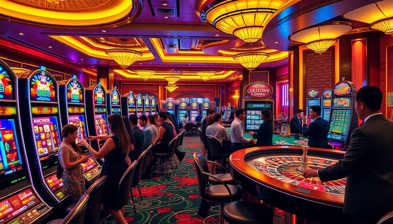 Situs Slot Terpercaya showcasing a lively casino floor with diverse players enjoying slot machines and table games.