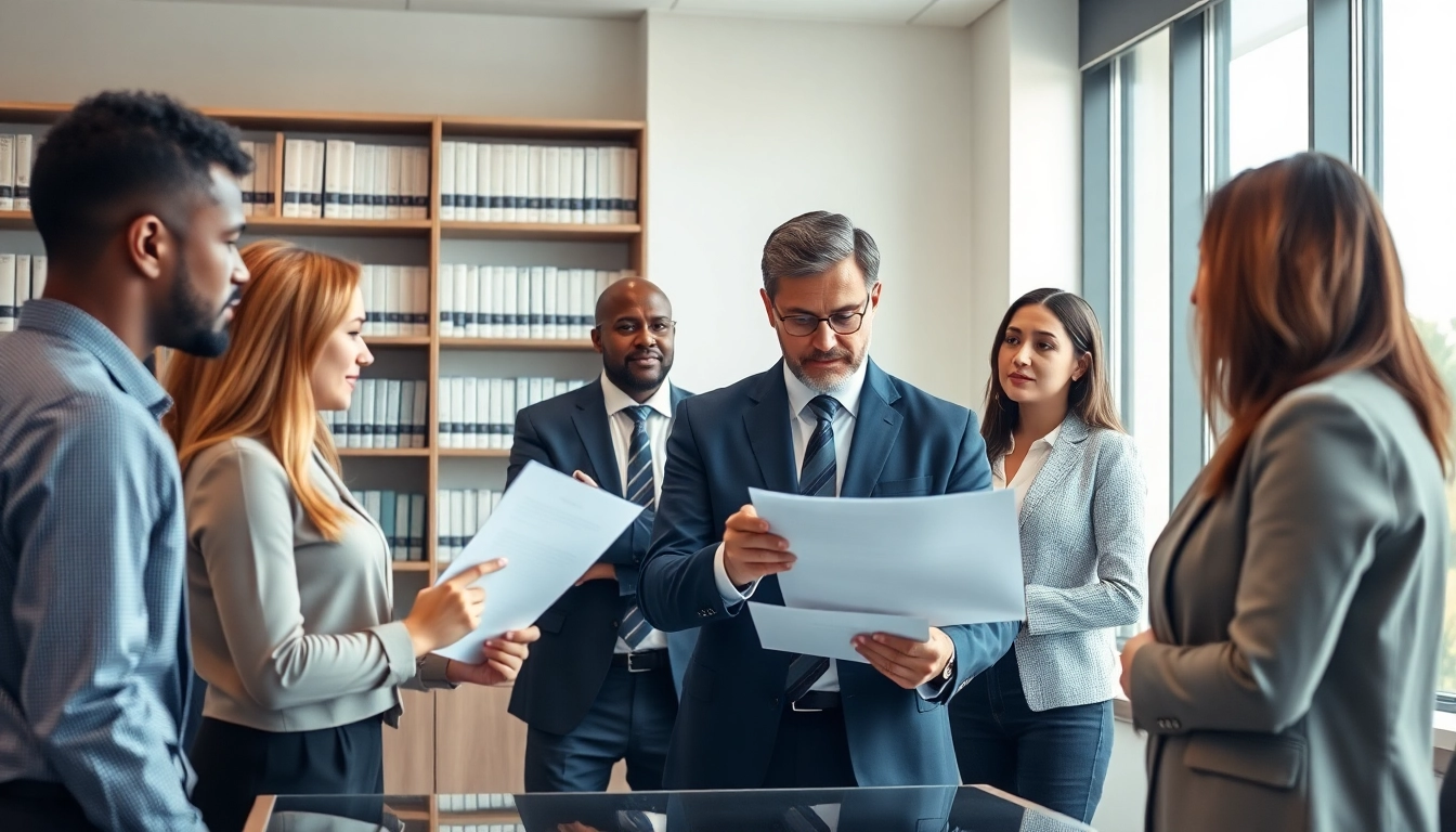 Intellectual property lawyer advising clients in a professional office setting, emphasizing trust and expertise.