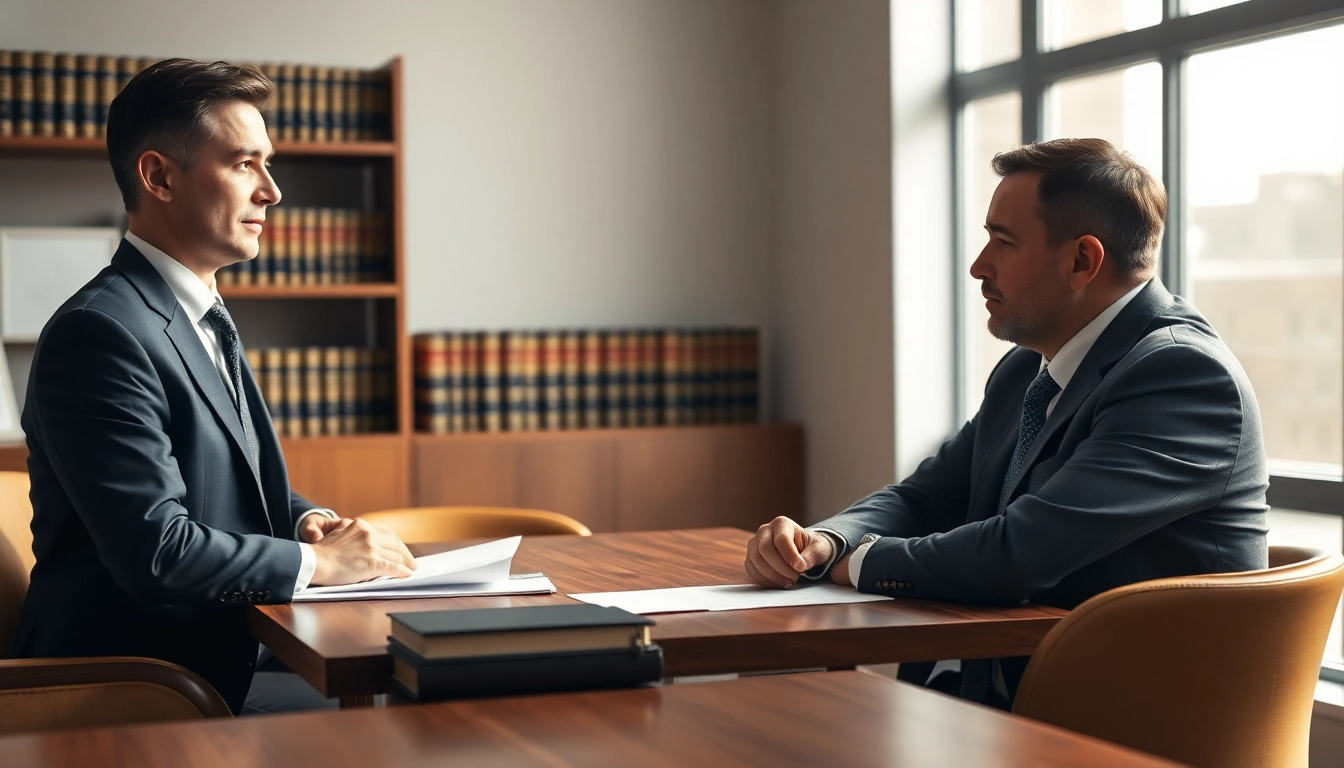 Consult with an eminent domain lawyer in a professional office setting.