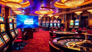 Login to doaslot from an elegant casino interface displaying vibrant slot machines and roulette wheels.