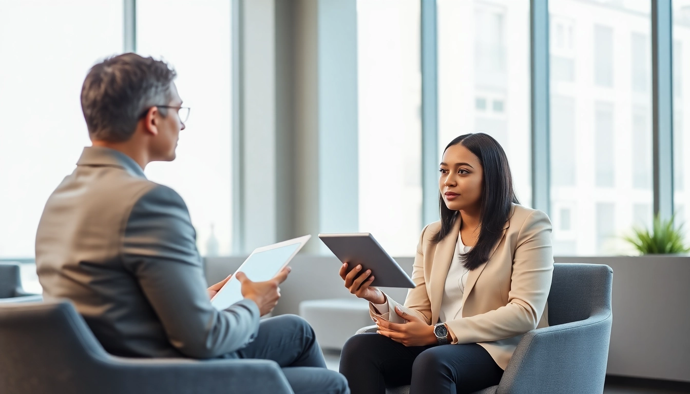 Conducting Mock Interviews in a modern office environment with candidate and interviewer.