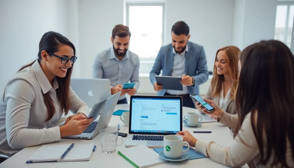 Understand What is a CRM for WhatsApp with a business team engaging through WhatsApp on laptops.