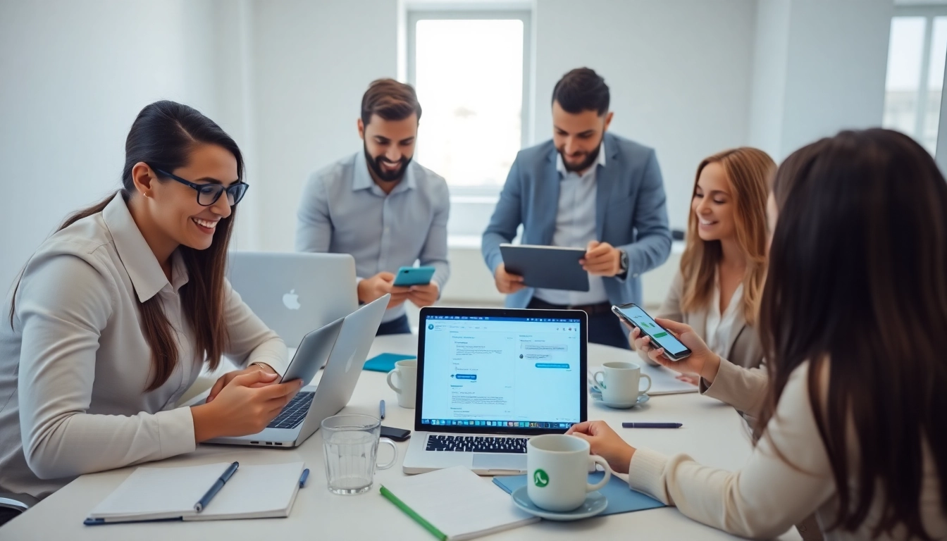 Understand What is a CRM for WhatsApp with a business team engaging through WhatsApp on laptops.