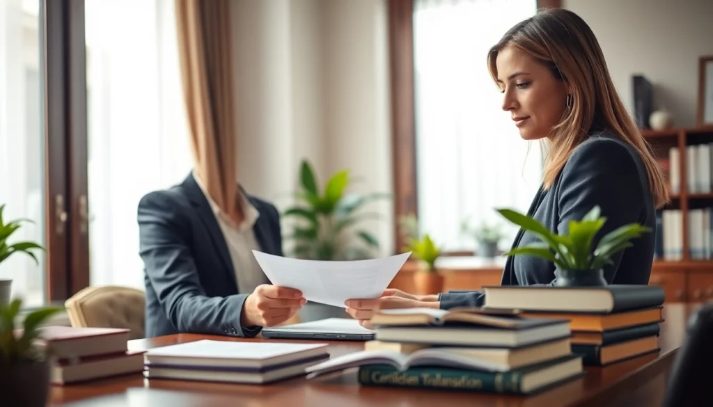 Traducteur italien certifié professionnel examinant des documents dans un bureau élégant.
